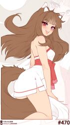  :d absurdres alternate_costume animal_ear_fluff animal_ears back bare_shoulders blunt_bangs blush brown_hair commentary dress english_commentary female highres holo likunea long_hair looking_at_viewer patreon_logo patreon_username red_eyes short_dress smile solo spice_and_wolf tail teeth twitter_username twitter_x_logo upper_teeth_only white_dress wolf_ears wolf_girl wolf_tail zoom_layer 