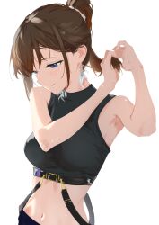  absurdres bare_arms black_shirt blue_eyes breasts brown_hair closed_mouth cohi27151463 commentary_request crop_top cropped_shirt earrings female highres holding_own_hair hololive jewelry medium_breasts medium_hair ponytail shirt simple_background sleeveless sleeveless_shirt smile solo star_(symbol) star_earrings stomach tokino_sora virtual_youtuber white_background 