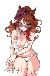  absurdres animal_ears bare_shoulders bikini blackuma braid breasts brown_hair choker cleavage closed_mouth collarbone commentary ears_through_headwear english_commentary fedora female forever_young_(umamusume) green_choker green_eyes hat highres horse_ears horse_girl large_breasts long_hair looking_at_viewer multicolored_hair navel purple-tinted_eyewear red-tinted_eyewear red_streaks simple_background solo stomach streaked_hair sunglasses swimsuit tinted_eyewear umamusume white_background white_bikini white_streaks 