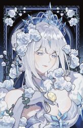  absurdres anastasya_feodorovna_snezhnaya artist_name bare_shoulders black_background black_bow blue_background blue_cape blue_gem bow braid braided_bun breasts cape circlet collarbone dress earrings elbow_gloves eyelashes female flower fur-trimmed_cape fur_trim gem genshin_impact gloves gradient_background grey_hair hair_between_eyes hair_bun hairbow half-closed_eyes hand_up highres jewelry kokoshnik large_breasts leaf lips looking_afar necklace pendant pointy_ears rie.sabilsd rose short_hair_with_long_locks sidelocks solo strapless strapless_dress upper_body watermark white_dress white_eyes white_flower white_gloves white_rose yellow_gem 