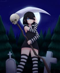  absurdres bare_shoulders black_dress black_hair black_nails blue_eyes commentary dress dznovart expressionless female forest full_moon highres holding holding_scythe lucy_loud moon nail_polish nature night outdoors panties scythe self-upload short_hair skull solo striped_clothes striped_sleeves striped_thighhighs the_loud_house thighhighs tombstone underwear white_panties 