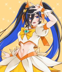  abs alternate_hairstyle aqua_gem arm_up ayase_yuu ayase_yuu_(2nd_costume) black_hair blue_eyes blue_hair blue_streaks blush bow brooch colored_inner_hair commentary_request cosplay crop_top cropped_shirt cure_sunshine cure_sunshine_(cosplay) double-parted_bangs earrings embarrassed female flower_skirt frilled_wrist_cuffs frills gem hair_ribbon heart heart_brooch heartcatch_precure! highres jewelry long_bangs long_hair looking_at_viewer magical_girl maximum_pamyu midriff multicolored_hair nail_polish navel neck_ribbon no_tattoo open_mouth orange_nails orange_ribbon orange_wrist_cuffs overskirt phase_connect precure puffy_short_sleeves puffy_sleeves ribbon shirt shirt_bow short_sleeves skirt solo sparkle_background streaked_hair stud_earrings sweatdrop teeth twintails two-tone_wrist_cuffs upper_teeth_only v very_long_hair virtual_youtuber white_shirt white_skirt white_wrist_cuffs wrist_cuffs yellow_background yellow_bow yellow_skirt 
