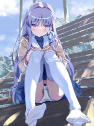  akayama_yukihe blue_shirt blue_skirt blue_sky blush bow bow_panties clannad closed_mouth commentary day eyes_visible_through_hair feet female frown fujibayashi_kyou hair_between_eyes hair_intakes hands_on_own_knees highres hikarizaka_private_high_school_uniform jacket knees_together_feet_apart knees_up legs long_hair looking_at_viewer miniskirt no_shoes outdoors panties pantyshot pleated_skirt purple_eyes purple_hair red_bow ribbon sailor_collar school_uniform serafuku shirt sidelocks sitting sitting_on_stairs skirt sky soles solo stairs thighhighs toes turtleneck turtleneck_shirt underwear very_long_hair white_panties white_ribbon white_sailor_collar white_thighhighs yellow_jacket 