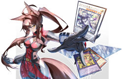  absurdres ahoge animal_ears bodysuit breasts brown_hair card cleavage commentary_request cowboy_shot diabell_queen_of_the_white_forest duel_disk exodia_the_forbidden_one female foreshortening fox_ears fox_girl fox_tail fumi_(2nd_costume)_(nijisanji) fumi_(nijisanji) highres hirano_masatoshi holding holding_card long_hair long_sidelocks mecha_pilot_suit nijisanji ponytail radiant_typhoon_fonix_the_great_flame red_bodysuit sidelocks solo tail the_unstoppable_exodia_incarnate virtual_youtuber white_background yu-gi-oh! yu-gi-oh!_master_duel 