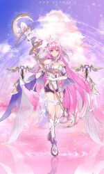  black_shorts boots breasts chocola_s commentary corset diamond-shaped_pupils diamond_(shape) elysia_(herrscher_of_human:_ego)_(honkai_impact) elysia_(honkai_impact) female highres holding holding_staff honkai_(series) honkai_impact_3rd large_breasts long_hair looking_at_viewer multicolored_hair pink_hair pink_water purple_eyes purple_sky short_shorts shorts sky solo staff standing standing_on_liquid symbol-shaped_pupils two-tone_hair very_long_hair white_boots white_corset white_hair 