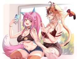  2girls ahoge animal_ears arm_tattoo border bow bra bracelet braid breasts cali_coco cat_ears cat_tail cellphone character_request cleavage collar collarbone commentary commission fingernails flower_tattoo fluffy_tail fox_ears gradient_nails hand_on_another's_leg heart highres holding holding_phone indie_virtual_youtuber jewelry lialee long_fingernails long_hair looking_at_another multicolored_hair multiple_girls nail_polish navel open_mouth phone pink_hair red_nails shorts sitting smartphone tail tattoo teeth underwear untranslatable_commentary upper_teeth_only vgen_commission virtual_youtuber white_border yuri 