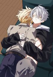  2boys ahoge alternate_costume belt black_hoodie blonde_hair brown_belt closed_eyes commentary_request couch dual_persona feet_out_of_frame from_behind grey_pants hair_between_eyes highres honkai:_star_rail honkai_(series) hood hoodie hug indoors lifting_another's_clothes long_hair_between_eyes long_sleeves lying male_focus multiple_boys on_back open_mouth pants phainon_(flame_reaver)_(honkai:_star_rail) phainon_(honkai:_star_rail) phainon_(khaslana)_(honkai:_star_rail) pillow puffy_long_sleeves puffy_sleeves purple_pants sarisari3 selfcest shirt short_hair sleeping white_hair white_hood white_shirt wooden_floor yaoi 