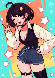  absurdres ahoge artist_logo artist_name artist_self-insert aseprite_(medium) belt black_choker black_eyes black_hair black_thighhighs blush breasts choker cleavage commentary contrapposto english_commentary female hair_ornament hand_on_own_hip highres logo long_sleeves looking_at_viewer medium_breasts one_eye_closed original pixel_art short_hair shorts simple_background single_thighhigh sleeves_past_wrists solo sparkle star_(symbol) star_hair_ornament thighhighs tongue tongue_out v yumykon yumykon_(yumykon) 
