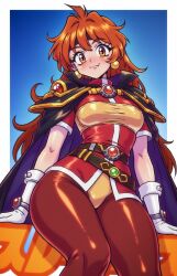 black_cape black_headband blush border breasts cape closed_mouth commentary csaurageul earrings english_commentary female gloves headband highres jewelry lina_inverse long_hair looking_at_viewer medium_breasts oerba_yun_fang orange_eyes orange_hair sitting slayers smile solo white_border white_gloves 