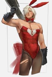  1boy 50gryvnia animal_ears black_gloves blue_eyes bow bowtie brown_pantyhose collarbone commentary covered_navel cropped_legs crossdressing crossdressing_(mtf) dante_(devil_may_cry) devil_may_cry_(series) english_commentary fake_animal_ears gloves hair_over_one_eye highres holding holding_rocket_launcher holding_weapon leotard looking_at_viewer male_focus male_playboy_bunny muscular muscular_male one_eye_covered pantyhose parted_lips pectoral_cleavage pectorals playboy_bunny polka_dot polka_dot_bow polka_dot_bowtie polka_dot_leotard rabbit_ears red_bow red_bowtie red_leotard rocket_launcher short_hair solo strapless strapless_leotard torn_clothes torn_pantyhose under-elbow_gloves weapon 