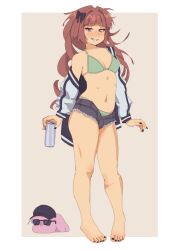  1other absurdres ahoge animalization ass bare_shoulders barefoot beer_can big_hair bikini black_bow black_hat black_jacket black_nails blunt_bangs bocchi_the_rock! bow breasts can collarbone commentary cube_hair_ornament denim denim_shorts drink_can english_commentary feet female fingernails full_body gotoh_hitori gotoh_hitori_(tsuchinoko) green_bikini grin hair_ornament hairbow hat highres hiroi_kikuri holding holding_can jacket looking_at_viewer medium_breasts multicolored_jacket nail_polish navel off_shoulder open_clothes open_jacket purple_eyes purple_hair ribs shaded_face sharp_teeth short_shorts shorts sidelocks simple_background smile solo_focus sunglasses swimsuit teeth thighs toenail_polish toenails toes treepxiv tsuchinoko 