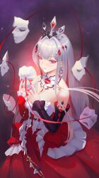  absurdres aha_(honkai:_star_rail) aki_(xhs_428379286) bare_shoulders breasts commentary_request detached_sleeves dress female highres holding holding_mask honkai:_star_rail honkai_(series) large_breasts long_hair looking_at_viewer mask nihilux_(honkai:_star_rail) purple_eyes red_dress solo tiara very_long_hair white_hair 