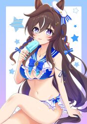  airi_(akamichiaika) animal_ears bare_shoulders bikini blue_bikini blue_bow blue_eyes blue_sailor_collar blush bow braid breasts cleavage cleavage_cutout clothing_cutout collarbone commentary_request ears_through_headwear female food hair_between_eyes hair_ornament hat heart heart_hair_ornament highres holding holding_food holding_popsicle horse_ears horse_girl horse_tail jewelry large_breasts long_hair looking_at_viewer mole mole_under_eye multicolored_hair navel necklace parted_lips popsicle sailor_bikini sailor_collar smile star_(symbol) star_hair_ornament stomach streaked_hair swimsuit tail umamusume vivlos_(umamusume) white_bikini 