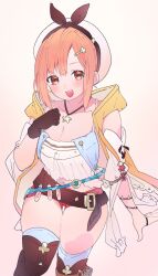 :d atelier_(series) atelier_ryza bare_shoulders belt beret black_bow blush boots bow breasts brown_belt brown_boots brown_eyes brown_gloves brown_hair cleavage collarbone eyebrows_hidden_by_hair feet_out_of_frame female flask gloves hair_between_eyes hair_ornament hairbow hairclip hand_up hat highres jacket jewelry large_breasts leather_belt looking_at_viewer medium_hair navel necklace open_clothes open_jacket open_mouth red_shorts reisalin_stout shirt short_shorts shorts sidelocks simple_background single_glove sleeveless sleeveless_jacket smile solo standing star_(symbol) star_necklace teeth thigh_boots thigh_gap thighhighs thighs upper_teeth_only valentine_(02140314c) white_background white_hat white_shirt white_thighhighs yellow_jacket 