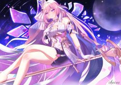  absurdres ass bare_shoulders black_shorts breasts chocola_s commentary corset crossed_legs crystal_shards diamond-shaped_pupils diamond_(shape) elysia_(herrscher_of_human:_ego)_(honkai_impact) elysia_(honkai_impact) female full_moon gloves hair_ornament hand_on_own_chest highres honkai_(series) honkai_impact_3rd large_breasts long_hair looking_at_viewer moon multicolored_hair pink_hair purple_eyes short_shorts shorts sky smile solo staff_riding star_(sky) starry_sky symbol-shaped_pupils triquetra two-tone_hair very_long_hair white_corset white_gloves white_hair 