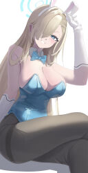  animal_ear_hairband animal_ears asuna_(blue_archive) asuna_(bunny)_(blue_archive) bare_shoulders blonde_hair blue_archive blue_bow blue_bowtie blue_eyes blue_halo blue_leotard blush bow bowtie breasts cleavage commentary_request crossed_legs detached_collar fake_animal_ears female gloves grin hair_over_one_eye hair_ribbon hairband halo highres large_breasts leotard long_hair looking_at_viewer mixjuice pantyhose playboy_bunny rabbit_ear_hairband rabbit_ears ribbon sitting smile solo thighband_pantyhose thighs very_long_hair white_gloves 