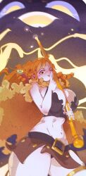  belt belt_buckle braid breasts brown_eyes brown_loincloth buckle cape cleavage clima-tact cloud commentary_request cowboy_shot crop_top electricity eyelashes female floating_hair fur_cape gold_thighlet holding holding_staff huge_breasts index_finger_raised jewelry lightning loincloth long_hair looking_at_viewer midriff multiple_braids nami_(one_piece) navel official_alternate_costume one_eye_closed one_piece orange_hair single_braided_sidelock staff sword sword_on_back thighlet thighs tongue tongue_out weapon weapon_on_back yellow_cape zzz1334549 