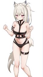  :d animal_ear_fluff animal_ears arm_strap bikini black_bikini blonde_hair blue_streaks breasts cleavage commentary cowboy_shot crossed_bangs dog_ears dog_girl dog_tail double-parted_bangs female fuwawa_abyssgard fuwawa_abyssgard_(holonatsu_paradise) grin hair_between_eyes hands_up highres hololive hololive_english large_breasts long_hair looking_at_viewer multi-strapped_bikini_bottom multicolored_hair o-ring o-ring_thigh_strap official_alternate_costume pink_eyes ponytail simple_background skaarl_(artist) smile solo standing stomach streaked_hair swimsuit tail thigh_strap untranslatable_commentary virtual_youtuber white_background 