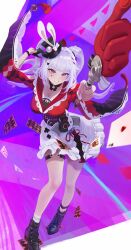  absurdres aki_(xhs_428379286) alternate_breast_size_(larger) black_boots black_gloves boots breasts capelet chinese_commentary colorful_background commentary_request earrings facial_mark female gloves hat heart heart_facial_mark highres holding holding_weapon honkai:_star_rail honkai_(series) jewelry large_breasts long_hair looking_at_viewer purple_eyes red_capelet skirt smile solo sparkle_(honkai:_star_rail) sparxie_(honkai:_star_rail) top_hat twintails very_long_hair weapon white_hair white_skirt 