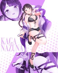  bikini black_bikini black_hair black_shoes black_shorts blue_eyes breasts calf_strap character_name cleavage colored_inner_hair dr.sunoa english_text female high_heels highres holding holding_knife holding_weapon jacket kaga_nazuna karambit knife large_breasts long_hair looking_at_viewer multicolored_hair off_shoulder open_clothes open_jacket open_mouth pink_hair purple_jacket shoes shorts solo swimsuit thigh_strap two-tone_hair virtual_youtuber vspo! weapon 