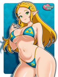  absurdres bikini blonde_hair blue_bikini blue_nails breasts female green_eyes hair_ornament hairclip highres large_breasts long_hair looking_at_viewer nail_polish navel nyazuliart pointy_ears princess_zelda solo stomach swimsuit the_legend_of_zelda thighs two-tone_background 