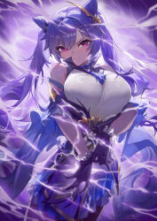  absurdres bare_shoulders blush breasts choker commentary_request cone_hair_bun diamond_(shape) double_bun dress female frilled_gloves frills genshin_impact gloves hair_bun hair_ears hair_ornament highres keqing_(genshin_impact) large_breasts long_hair looking_at_viewer neck_tassel purple_choker purple_dress purple_eyes purple_gloves purple_hair solo tassel twintails wow+ 