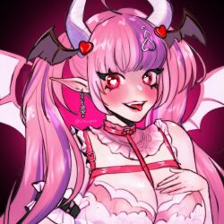  ahoge breasts chest_harness cleavage commentary demon_girl demon_horns english_commentary female harness heart heart-shaped_pupils heart_ahoge highres horns ironmouse ironmouse_(demon_form) large_breasts long_hair looking_at_viewer multicolored_hair pink_hair pointy_ears purple_hair red_eyes simple_background slewpie solo streaked_hair symbol-shaped_pupils tongue tongue_out twintails virtual_youtuber vshojo white_horns 