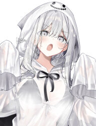  bikini black_bikini black_bow bow breastless_ghost_costume breasts commentary_request female grey_eyes grey_hair kazutake_hazano long_hair looking_at_viewer medium_breasts oerba_yun_fang open_mouth original simple_background swimsuit white_background 