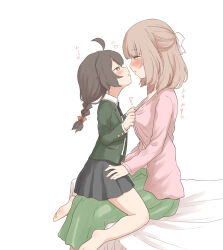  2girls absurdres age_difference ahoge barefoot black_hair black_skirt blush braid breasts brown_eyes brown_hair closed_eyes commentary_request eye_contact from_side green_eyes hair_ribbon highres hug imminent_kiss jacket kurosawa_karura long_hair long_sleeves looking_at_another multiple_girls onee-loli open_mouth original pleated_skirt profile ribbon school_uniform serafuku shirt short_hair simple_background single_braid sitting skirt smile white_background white_ribbon yuri 