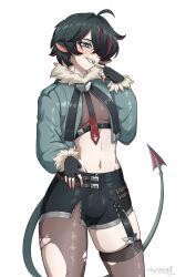  1boy absurdres animal_ears cowboy_shot crossdressing crossdressing_(mtf) finger_to_mouth fur-trimmed_jacket fur_trim garter_straps genderswap_(ftm) green_jacket high-waist_shorts highres hyrmeat jacket jane_doe_(zenless_zone_zero) john_doe_(zenless_zone_zero)_(scopeophilia) leather_leotard male_focus midriff mouse_boy mouse_ears necktie pantyhose rat_boy rule_63 sharp_tail shorts single_garter_strap single_leg_pantyhose solo standing tail torn_clothes torn_pantyhose trap two-tone_necktie very_long_tail zenless_zone_zero 