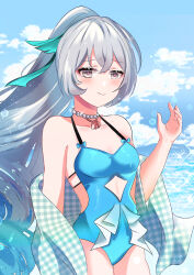  absurdres bare_shoulders blue_hair blue_one-piece_swimsuit blue_sky breasts bronya_zaychik bronya_zaychik_(herrscher_of_truth) bronya_zaychik_(summer_2023) chocola_s commentary english_commentary female gradient_hair highres honkai_(series) honkai_impact_3rd jewelry long_hair looking_at_viewer multicolored_hair necklace official_alternate_costume one-piece_swimsuit pearl_necklace sky small_breasts solo swimsuit two-tone_hair very_long_hair 