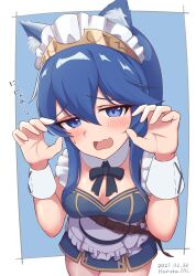  absurdres alternate_costume animal_ears apron belt black_ribbon blue_dress blue_eyes blue_hair blush brand_of_the_exalt breasts cat_ears choker claw_pose cleavage commentary_request dress embarrassed female fire_emblem fire_emblem_awakening gold_hairband hair_between_eyes hairband haruka_f4l highres long_hair looking_at_viewer lucina_(fire_emblem) maid maid_headdress medium_breasts oerba_yun_fang open_mouth ribbon sidelocks skin_fang translation_request waist_apron white_choker 