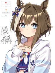  3girls absurdres animal_ears bikini blue_bikini blue_eyes blush braid breasts brown_hair ceceno cheval_grand_(summer_calm_navy_drop)_(umamusume) cheval_grand_(umamusume) cloak closed_eyes closed_mouth commentary_request ear_covers hair_between_eyes hair_ornament half_up_braid half_up_half_down_braid heart heart_hair_ornament heart_necklace highres hood hooded_cloak horse_ears horse_girl jacket jewelry long_sleeves looking_at_viewer multicolored_hair multiple_girls necklace official_alternate_costume official_alternate_hairstyle open_clothes open_jacket open_mouth single_ear_cover smile solo_focus streaked_hair swimsuit umamusume v_sisters verxina_(umamusume) vivlos_(eclat_d'ete)_(umamusume) vivlos_(umamusume) white_jacket 