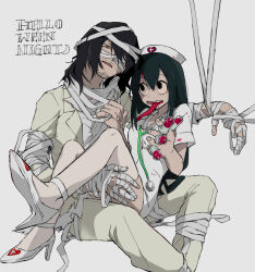  1boy aizawa_shota alternate_costume asui_tsuyu bags_under_eyes bandaged_arm bandaged_head bandages bebe black_eyes black_hair blood blood_on_face bloodshot_eyes boku_no_hero_academia commentary_request dress facial_hair female frog_girl green_hair grey_jacket grey_pants hair_between_eyes halloween hand_on_another's_thigh hat high_heels highres holding holding_syringe jacket long_hair long_tongue nurse nurse_cap open_mouth outstretched_arm pants prehensile_tongue restrained shoes simple_background sitting sitting_on_lap sitting_on_person solid_circle_pupils syringe teacher_and_student tongue tongue_out white_dress white_shoes 
