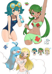  3girls absurdres alolan_vulpix altaria bikini blonde_hair blue_hair blue_one-piece_swimsuit blunt_bangs bounsweet braid braided_base bright_pupils chibi commentary_request dark_skin dirty dirty_clothes dirty_face floral_print floral_print_bikini flower goggles goggles_on_head gold_hairband green_eyes green_hair hair_between_eyes hair_flower hair_ornament hairband highres lana_(pokemon) lillie_(pokemon) mallow_(pokemon) midriff multiple_girls multiple_views nanami31124 navel no_sclera one-piece_swimsuit pink_flower pokemon pokemon_(anime) pokemon_the_series:_sun_&amp;_moon popplio print_bikini ramune strapless strapless_bikini swept_bangs swimsuit white_background white_bikini white_pupils 