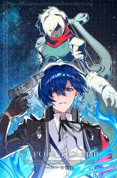  1boy artist_name black_gloves black_jacket blue_eyes blue_hair ceciliarinchan commentary demon_(megami_tensei) english_commentary evoker facebook_logo gloves headphones headphones_around_neck instagram_logo jacket looking_at_viewer male_focus neck_ribbon orpheus_(persona) persona persona_(summon) persona_3 persona_3_reload ribbon sample_watermark shirt short_hair twitter_username twitter_x_logo watermark white_shirt yuuki_makoto_(persona_3) 