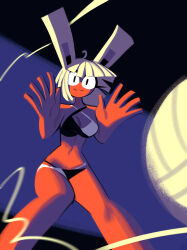  ahoge andaerz animal_ears ball bare_shoulders bikini black_bikini blunt_bangs breasts cowboy_shot criss-cross_straps dark-skinned_female dark_skin female highres large_ears looking_at_viewer medium_breasts midriff multicolored_bikini navel original rabbit_ears rabbit_girl solo swimsuit two-tone_bikini volleyball_(object) white_bikini white_hair 