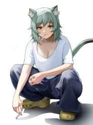  :3 absurdres animal_ear_fluff animal_ears blue_pants breasts brown_eyes cat_ears cat_girl cat_tail cigarette cleavage crocs female grey_hair highres holding holding_cigarette looking_at_viewer mouth_hold orange_eyes pants sachihiro satou_yaniko shadow shirt short_hair short_sleeves simple_background smoking solo squatting tail white_background white_shirt yani_neko 