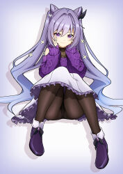  bare_shoulders black_panties black_pantyhose blush commentary_request cone_hair_bun double_bun female full_body genshin_impact hair_bun hair_ornament highres keqing_(genshin_impact) keqing_(lantern_rite)_(genshin_impact) long_hair looking_at_viewer off-shoulder_sweater off_shoulder official_alternate_costume panties panties_under_pantyhose pantyhose plaid_clothes plaid_scarf purple_eyes purple_hair purple_sweater scarf skirt smile solo sumisumi_(sumisumi) sweater twintails underwear white_skirt 