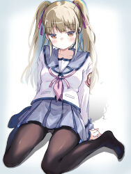  akayama_yukihe angel_beats! arm_support black_pantyhose blonde_hair blue_sailor_collar blue_skirt blunt_bangs blush brown_eyes closed_mouth collarbone commentary drop_shadow earpiece expressionless female full_body hair_ribbon highres jitome leaning_back legs long_hair long_sleeves looking_at_viewer miniskirt neckerchief no_shoes panties panties_under_pantyhose pantyhose pantyshot pink_neckerchief pleated_skirt red_ribbon ribbon sailor_collar shinda_sekai_sensen_uniform shirt sidelocks simple_background sitting skirt solo thighs twintails underwear vignetting wariza white_background white_shirt yusa_(angel_beats!) 