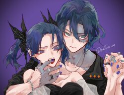  alase_00 bare_shoulders biting blood blood_on_hand blue_eyes blue_hair chain_necklace chains finger_to_mouth green_eyes hair_ribbon highres jewelry kimetsu_no_yaiba necklace patchwork_skin ribbon sharp_teeth teeth 