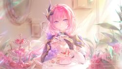  absurdres artist_name black_gloves black_shrug blue_eyes breasts cake coffee_mug commission corset cup elysia_(honkai_impact) elysia_(miss_pink_elf)_(honkai_impact) female food gloves hair_ornament highres himiu holding holding_cup honkai_(series) honkai_impact_3rd indoors large_breasts long_hair looking_at_viewer mirror mug pink_hair shrug_(clothing) single_glove smile solo very_long_hair white_corset 