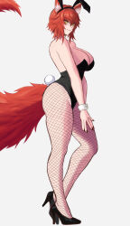  absurdres alternate_costume animal_ears black_leotard black_shoes breasts cleavage closed_mouth fake_animal_ears female fishnet_thighhighs fishnets high_heels highres large_breasts leotard looking_at_viewer meibin playboy_bunny rabbit_ears red_hair shoes short_hair socks_agency solo strapless strapless_leotard tail thighhighs virtual_youtuber white_wrist_cuffs wolf_ears wolf_girl wolf_tail wrist_cuffs yellow_eyes zentreya 