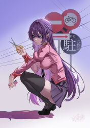  absurdres artist_logo artist_name bakemonogatari bartolomiy black_shoes black_thighhighs blue_eyes breasts closed_mouth commentary eyelashes female from_side full_body gradient_background hair_between_eyes highres holding holding_scissors holding_stapler impossible_clothes impossible_shirt juliet_sleeves large_breasts logo long_hair long_sleeves monogatari_(series) naoetsu_high_school_uniform outdoors pink_shirt pleated_skirt power_lines puffy_sleeves purple_eyes purple_hair purple_skirt road_sign school_uniform scissors senjougahara_hitagi shadow shirt shoes sign skindentation skirt solo squatting thighhighs thighs very_long_hair zettai_ryouiki 