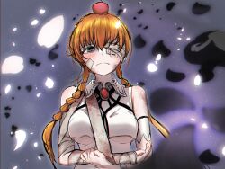  apple apple_on_head bandages bare_shoulders black_petals blush braid breasts broken_arm brooch brown_hair canon_event closed_mouth commentary_request crown_braid dark_background demons_roots demons_roots_(series) detached_sleeves dirty empty_eyes english_commentary eyepatch falling_petals female food food_on_head frown fruit fruit_on_head gem glowing glowing_petals grey_eyes happy_tears highres implied_yuri jewelry large_breasts lily_killer long_hair looking_at_another looking_at_viewer medical_eyepatch mixed-language_commentary object_on_head one_eye_covered petals red_gem solo stomach tearing_up tears twin_braids underboob uof 