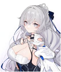  absurdres black_dress breasts bronya_zaychik bronya_zaychik_(silverwing:_n-ex) cleavage commentary dress drill_hair error1980 female grey_eyes grey_hair highres honkai_(series) honkai_impact_3rd large_breasts long_hair looking_at_viewer pink_pupils simple_background solo upper_body very_long_hair white_background 