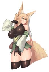  absurdres animal_ear_fluff animal_ears bag black_leotard black_thighhighs blonde_hair breasts bridal_gauntlets commentary cowboy_shot cropped_legs drawstring drawstring_bag female fox_ears fox_girl fox_tail green_eyes highres leotard long_hair obi original rena_(tcv_cosmic) sash solo standing tail tcv_cosmic thighhighs untranslatable_commentary white_background 
