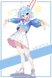  :d arona_(blue_archive) blue_archive blue_eyes blue_hair blue_shirt commentary_request female full_body halo heart heart_halo highres looking_at_viewer mira_mira_mira red_halo ribbon sailor_collar shirt shoes simple_background skirt smile solo v white_background white_ribbon white_sailor_collar white_shoes white_skirt 