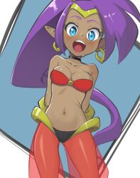  :d arms_behind_back bandeau black_choker black_panties blue_background blue_eyes blush bracer breasts bright_pupils choker circlet cleavage collarbone commentary cowboy_shot dark-skinned_female dark_skin earrings english_commentary female gold_bracer gold_circlet gold_earrings harem_pants highres hoop_earrings jewelry long_hair medium_breasts navel nico-mo o-ring o-ring_top open_mouth panties pants pointy_ears ponytail purple_hair red_bandeau see-through_clothes see-through_pants shantae shantae_(series) sidelocks simple_background smile solo split_mouth standing stomach teeth two-tone_background underwear upper_teeth_only variant_set very_long_hair white_background 
