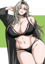 arm_up black_bra black_panties blush bra breasts cleavage collarbone commentary_request cowboy_shot eyes_visible_through_hair female goddess_of_victory:_nikke grey_eyes grey_hair hella_p highres huge_breasts korean_commentary long_hair long_sleeves looking_at_viewer mole mole_on_breast mole_under_mouth mrs._miss_(nikke) navel off_shoulder panties parted_lips simple_background single_bare_shoulder smile stomach two-tone_background underwear 